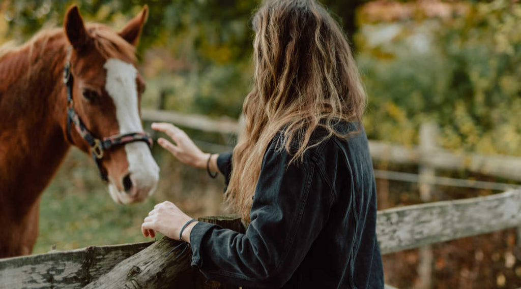 Woman petting horse in corral