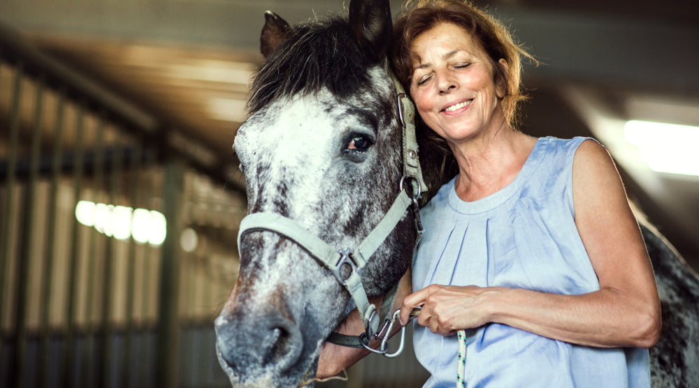  woman petting older horse